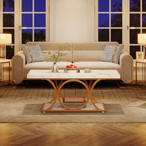 Tribesigns Rectangular Coffee Table, 120 cm Modern Living Room Table, 2-Tier Faux Marble Coffee Table with Geometric Legs, Furniture with Storage Compartment (Black and Gold)