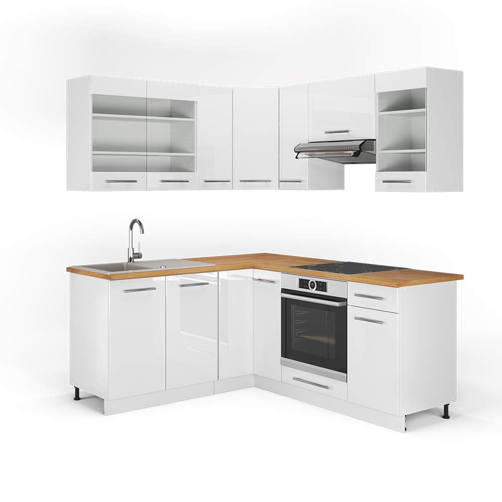 Vicco Eckküche Fame-Line, Grün-Gold Landhaus/Weiß/Weiß, 160 x 190 cm ohne Arbeitsplatte