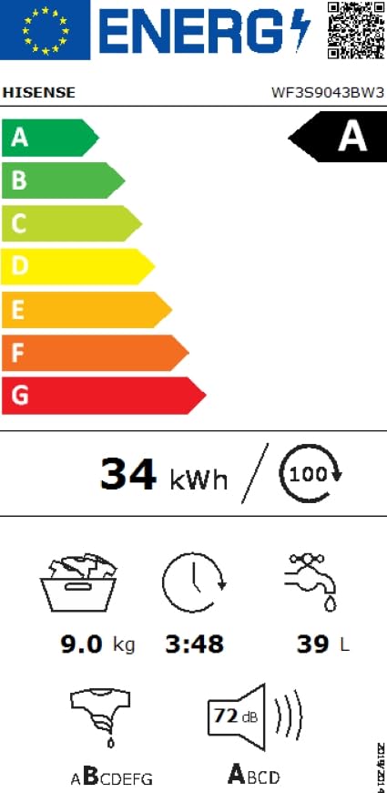 Hisense WF3S8043BB3 Waschmachine mit Dampffunkunktion, 8 kg, 1400 U,min, WIFI, ConnectLife, Power JetWash, Anti-Allergie Programm, Aqua Stop, Auto Wash, Quick Wash, EEK A-30 Prozent