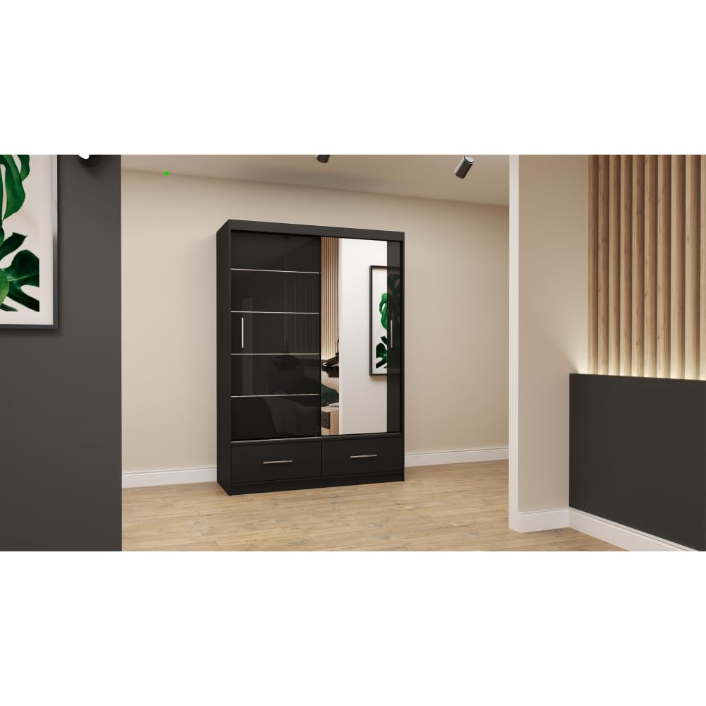 Fabryka Mebli Idźczak Kleiderschrank mit Spiegel weiß - Schwebetürenschrank - Schlafzimmerschrank - 61 x 250 x 218 cm - Wohnzimmerschrank - Garderobenschrank, Schrank mit 2 Türen, 4 Schubladen