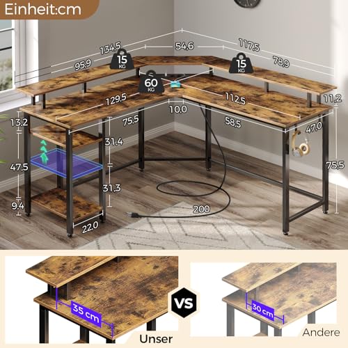Rolanstar Schreibtisch L Form mit LED & Steckdosen, 117 cm Computertisch mit Monitorständer & Ablagefläche, Reversibler Eckschreibtisch mit 2 Haken, perfekt für Arbeitszimmer Schlafzimmer Büro