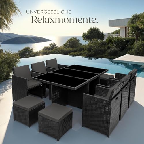 tectake Polyrattan Gartenmöbel Set, Sitzgruppe mit 6 Stühle +1 Glasplatte Tisch + 4 Hocker, Gartenlounge Set klappbar, für bis zu 10 Personen, Balkon Möbel, inkl. 2 Bezugsset - Natur