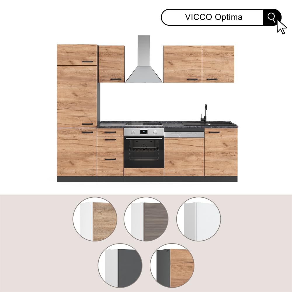 Vicco Küchenzeile Optima, Weiß Hochglanz/Weiß, 270 cm ohne Arbeitsplatte