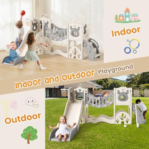 Kinderrutsche, Kleinkindrutsche mit Weihnachtselchmotiv Kleinkinderrutsche mit Golfset, Babyrutsche, Spielplatzgerät, für den Innen- und Außenbereich freistehend Babyrutsche (Khaki-6-in-1- Active)