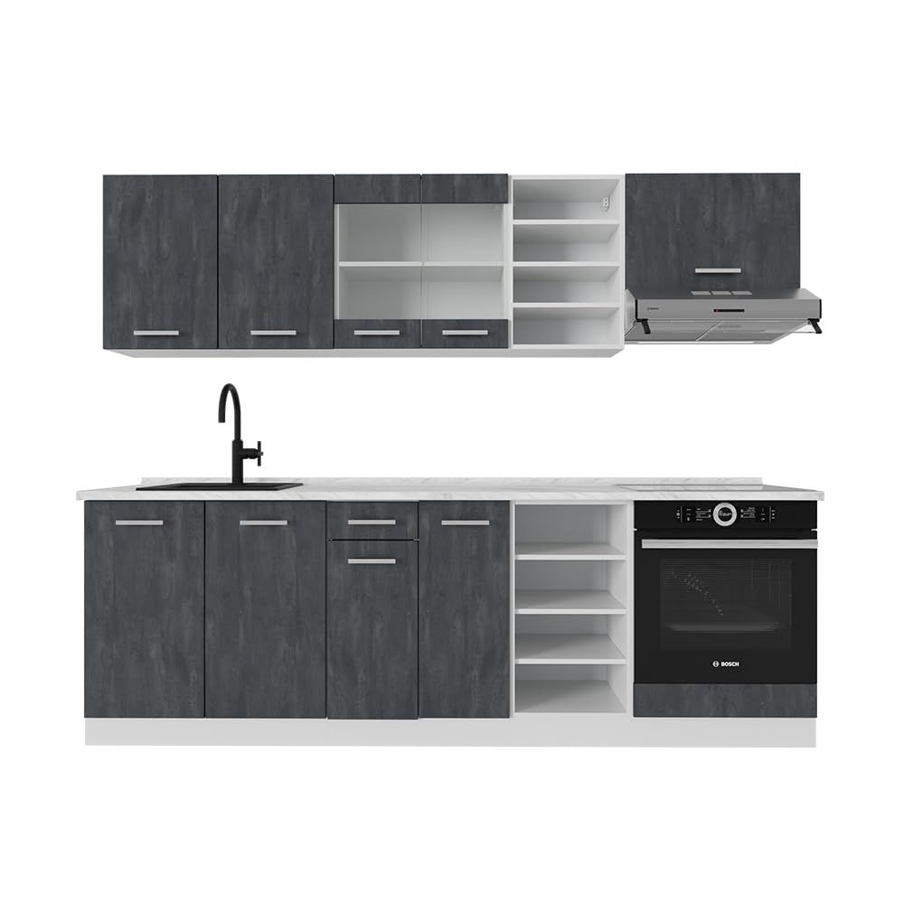 Vicco Küchenzeile R-Line, Küchenblock, Blau-Grau/Weiß, 240 cm ohne Arbeitsplatte