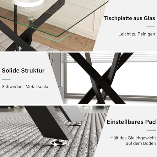 GOLDFAN Glas Esstisch Set 4 Stühle Rechteckiger Esstisch und Rückenlehne Esszimmerstuhl für Küche Wohnzimmer Büro, Grau