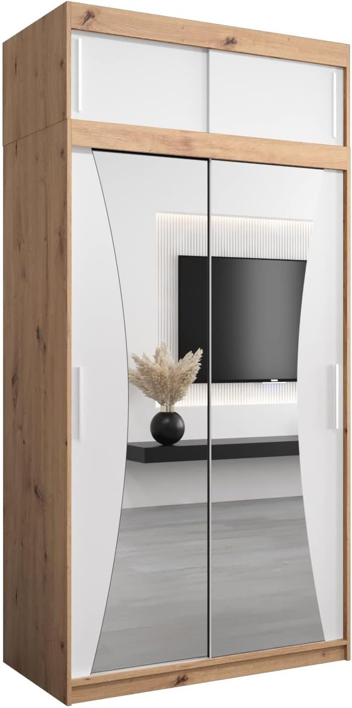 MEBLE KRYSPOL Kleiderschrank mit Spiegel Monaco - Garderobenschrank - Schrank Schlafzimmer - Mehrzweckschrank DREI Schiebetüren - Regalen - Flur Möbel - Kleiderstange Schrank - Allzweckschrank
