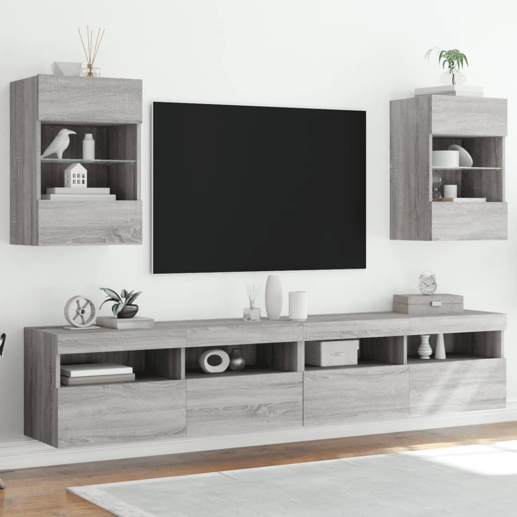 Homgoday TV Wall Cabinets with LED Lights, Pack of 2, Cabinet Wall TV Cabinet with Lots of Storage Space, Wall Mounted TV Furniture for Living Room, Bedroom, Grey, Sonoma