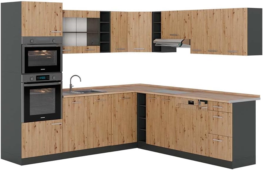 Vicco R-Line Fitted Kitchen Cabinets Anthracite Kitchen Furniture (Anthracite / White High Gloss, Corner 247 x 237 cm)