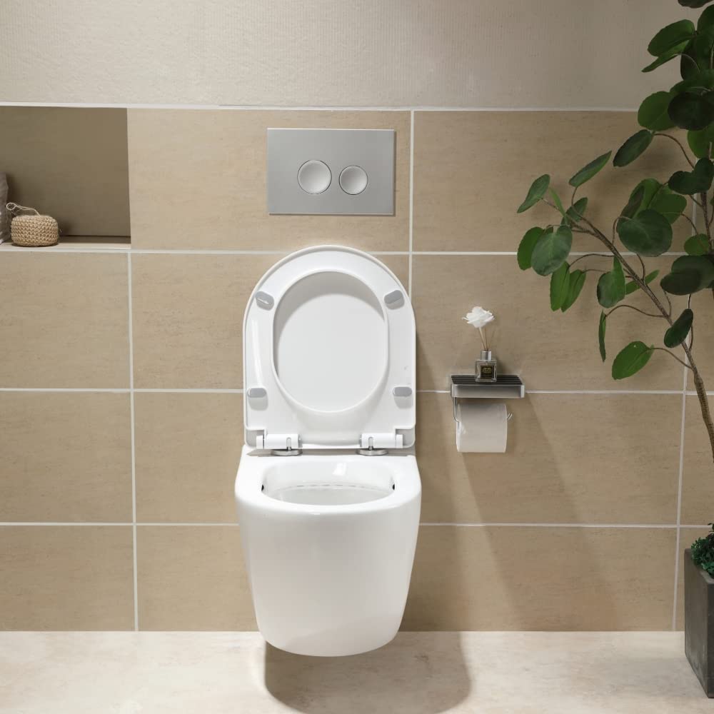 HOROW Ceramic Hanging Toilet with Nano Coating, Ceramic Wall Toilet White, Compact Toilet Bowl with Seat Soft-Close D Shape with Soft Close Lid for Guest Toilet