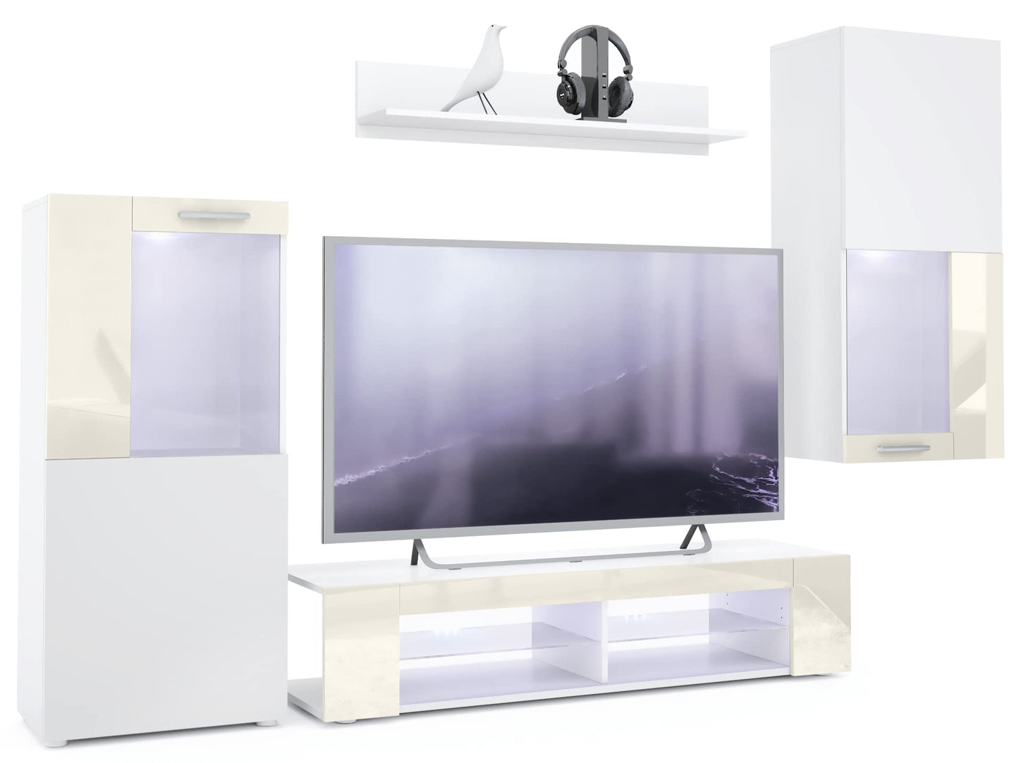 Vladon Wohnwand Movie, Anbauwand bestehend aus 1 TV-Board, 2 Vitrinen und 1 Regal, Weiß matt/Weiß matt/Weiß Hochglanz (Gesamt: 300 x 190 x 39 cm)