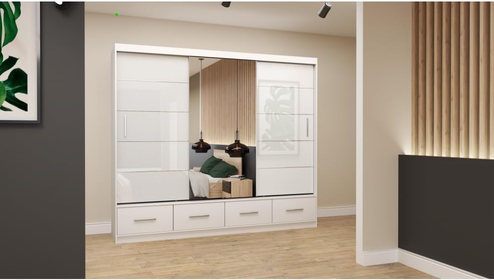 Fabryka Mebli Idźczak Kleiderschrank mit Spiegel weiß - Schwebetürenschrank - Schlafzimmerschrank - 61 x 250 x 218 cm - Wohnzimmerschrank - Garderobenschrank, Schrank mit 2 Türen, 4 Schubladen