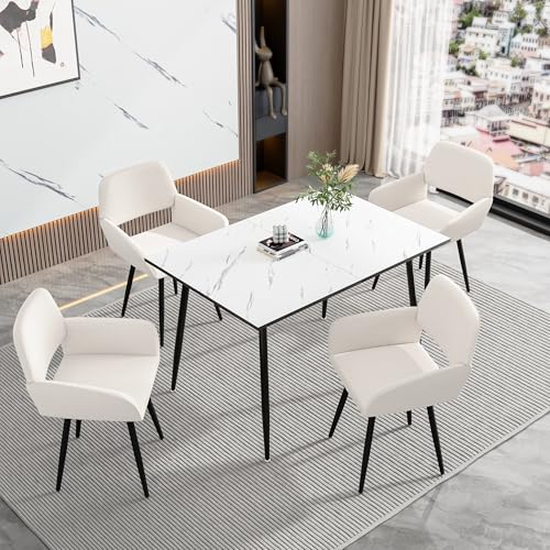 FurnitureR Esstisch, ausziehbar, L-120 – 160 cm für 6 – 8 Personen, Elegantes Design, Tischplatte aus weißem Marmor, MDF mit Metallbeinen, vielseitig und minimalistisch, Küchentisch