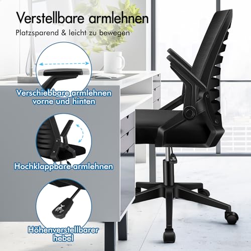 ALFORDSON Bürostuhl, Lendenstütze, Atmungsaktives Netz und Stoff, Hochklappbare/Verstellbare Armlehnen, Hochwertiger Schaumstoff, 180kg für Zuhause & Gaming, Wale, Schwarz