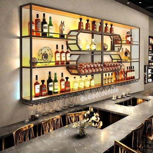 FKKPRVAX Wandmontiertes Weinregal mit LED Glashalter, 4 stöckiges Metall Wandmontage Wine Display Ständer, Wand Flaschenregal für Bar-Einheiten, Restaurants und Zuhause (240×125×25cm)