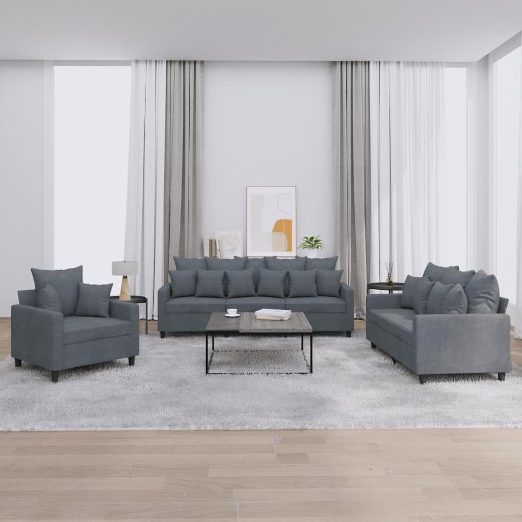 Willood 3-TLG. Sofagarnitur mit Kissen Dunkelgrau Samt,Sofa geeignet für Wohnzimmer, Sofa Set, mit Armlehnen und Kissen