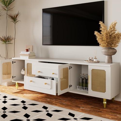 TV Cabinet with 3 Drawers, TV Table with Golden Handles and Legs, Modern TV Stand for TVs up to 75 Inches, Rounded Corners, TV Cabinet for Living Room, 174 x 35 x 41 cm, White