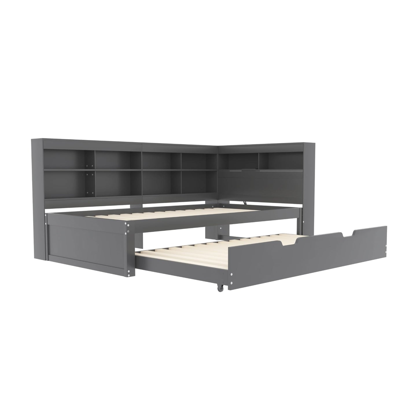 xixiworkshop Kinderbett 90x200cm Ausziehbett Bett mit Stauraum und USB-Steckdose/Mehreren Ablagefächern multifunktionales Jugendbett/Gästebett/Doppelbett mit Stauschrank Lattenrost,Ohne Matratze,Grau