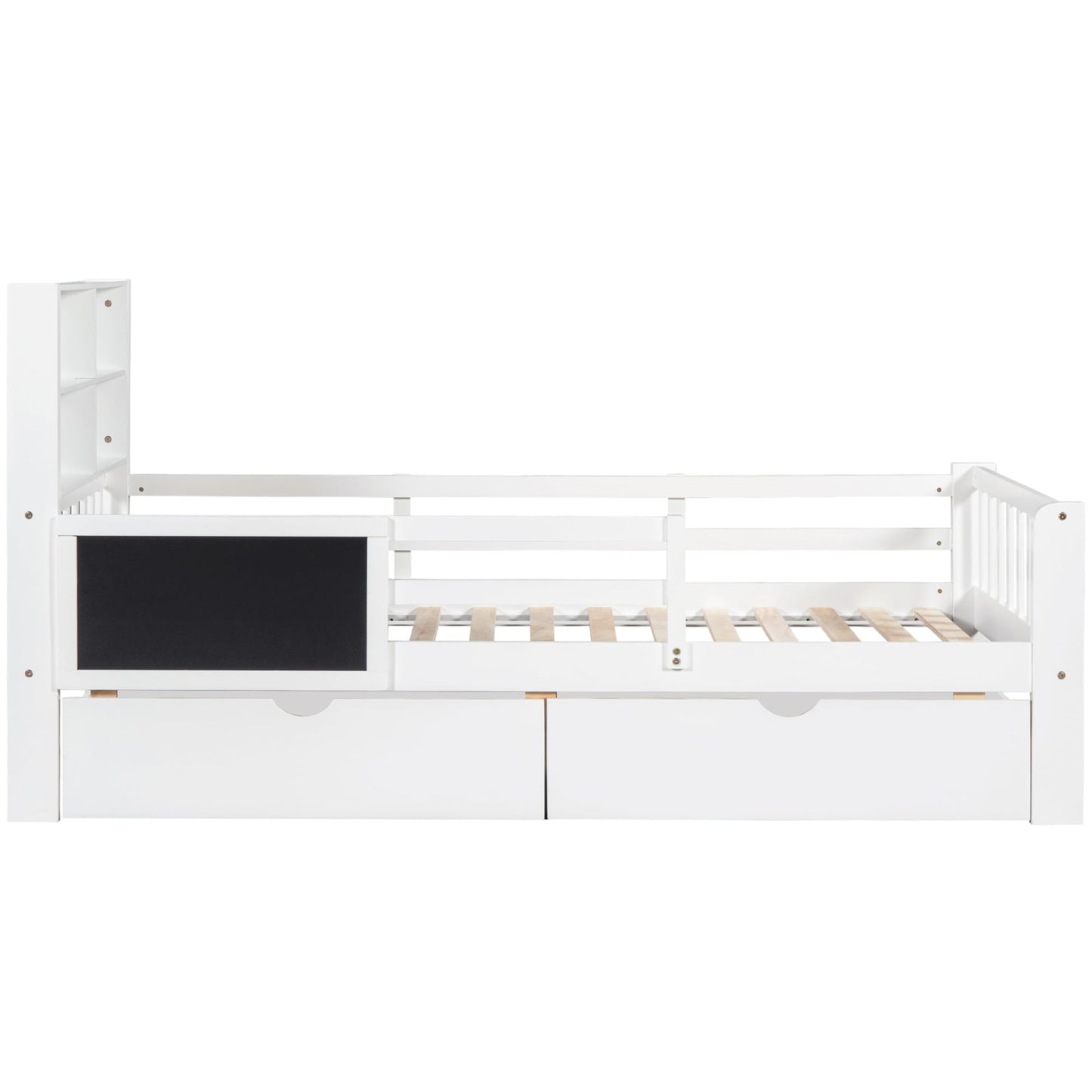 TZCIN Kinderbett 140x200 cm Doppelbett, Holzbett mit Stauschrank, Bücherregal, Regal und Schubladen, Flachbett Stauraumbett Funktionsbett Jugendbett, Bettgestell mit Lattenrost, Ohne Matratze, Weiß