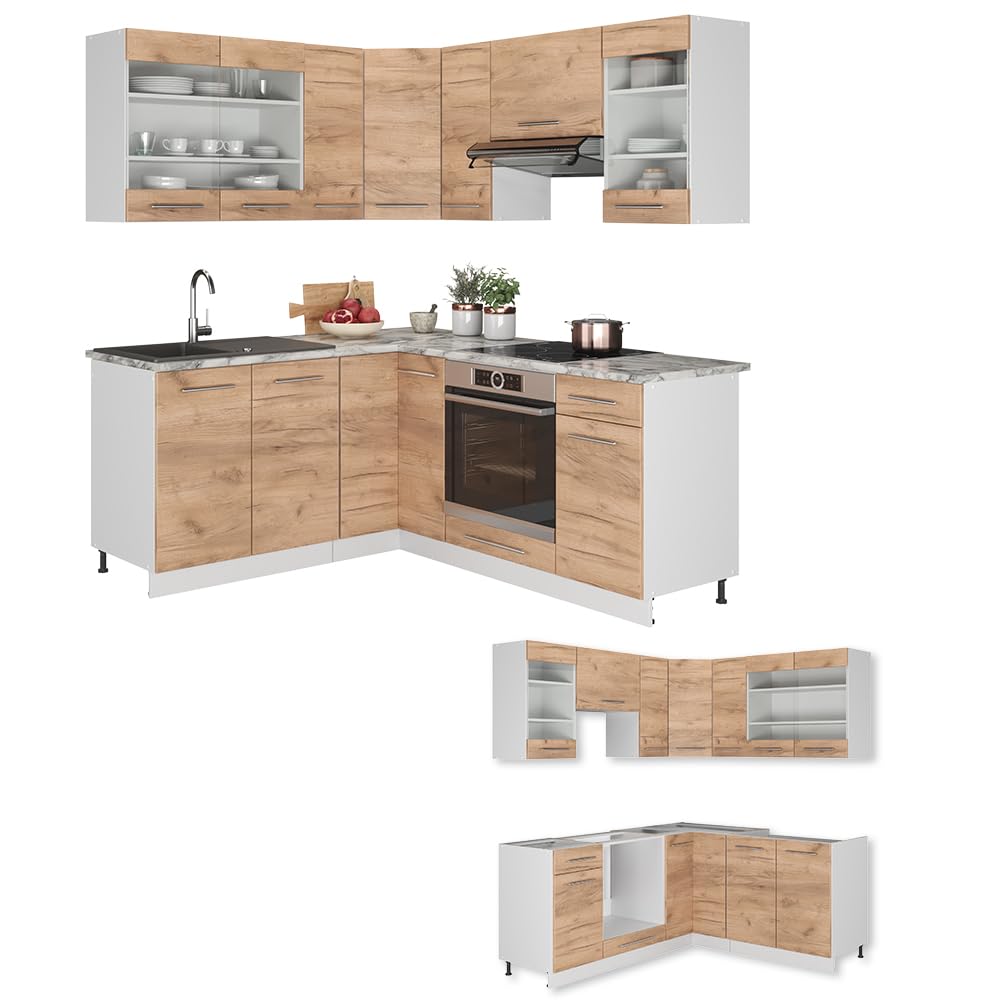 Vicco Eckküche Fame-Line, Grün-Gold Landhaus/Weiß/Weiß, 160 x 190 cm ohne Arbeitsplatte