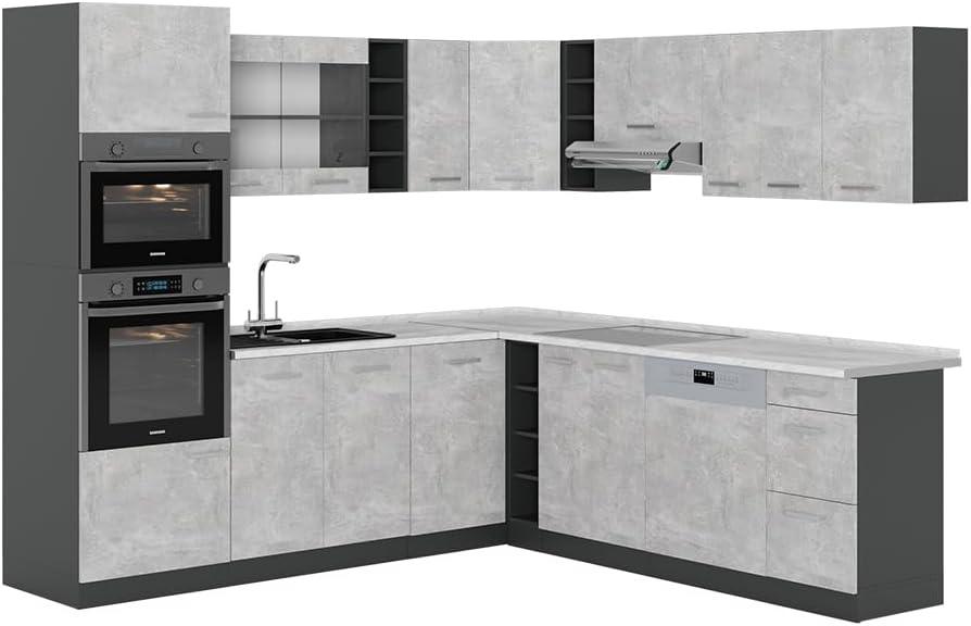 Vicco R-Line Fitted Kitchen Cabinets Anthracite Kitchen Furniture (Anthracite / White High Gloss, Corner 247 x 237 cm)