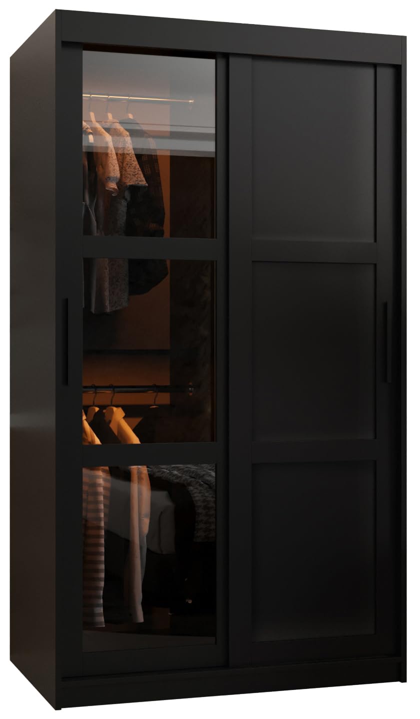 MEBLE KRYSPOL Dome 2 Schrank mit DREI Schiebetüren mit Spiegel, Stangen und Regalen - Aufbewahrungsschrank mit Rauchglas für Schlafzimmer, Wohnzimmer - 200x250x62cm - Schwarz, Schwarz, Schwarz