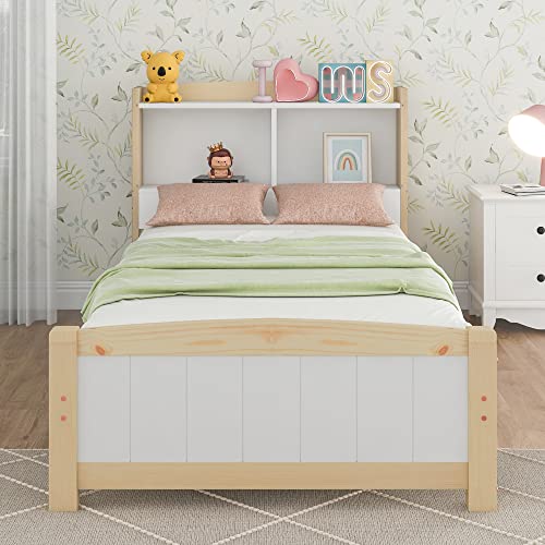 RIAZOS Kinderbett Holzbett 90x200 cm, Massiveholz Einzelbett mit Schreibtisch und Schubladen, Stauraumbett mit Lattenrost, für Jungen & Mädchen, ohne Matratze, Weiß