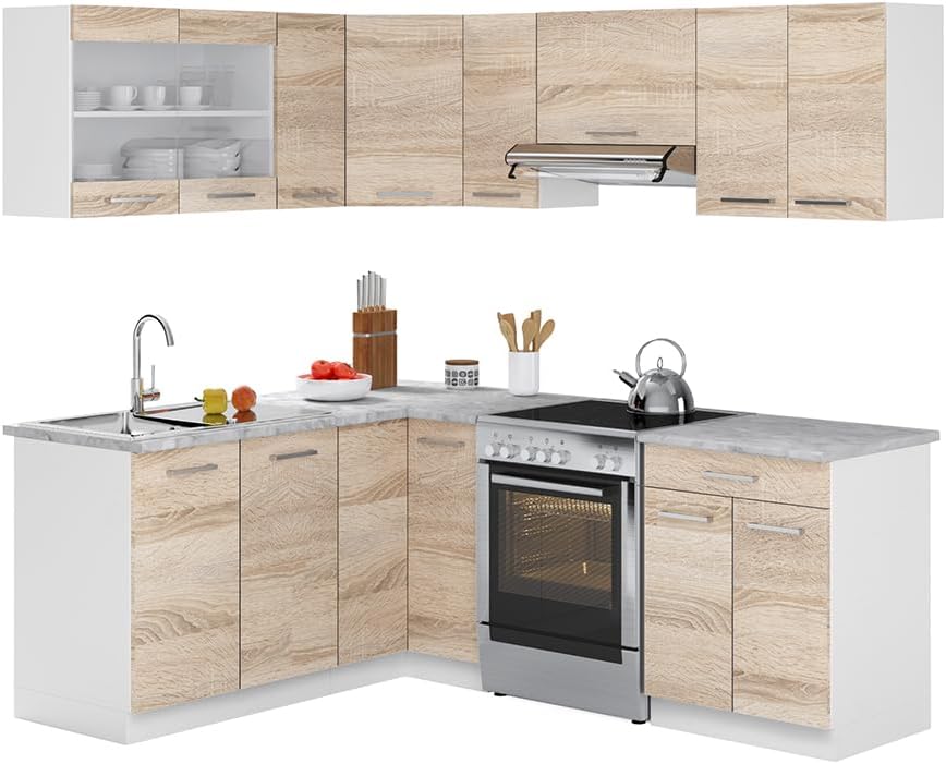 Vicco Kitchen Unit L 210 cm Kitchen Block Angle Corner Built-in Sonoma Oak - Freely Combinable Units - R-Line