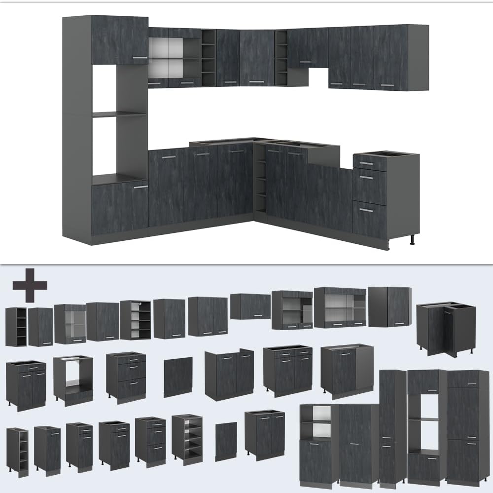 Vicco R-Line Fitted Kitchen Cabinets Anthracite Kitchen Furniture (Anthracite / White High Gloss, Corner 247 x 237 cm)