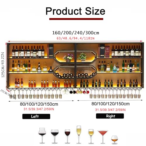 FKKPRVAX Wandmontiertes Weinregal mit LED Glashalter, 4 stöckiges Metall Wandmontage Wine Display Ständer, Wand Flaschenregal für Bar-Einheiten, Restaurants und Zuhause (240×125×25cm)