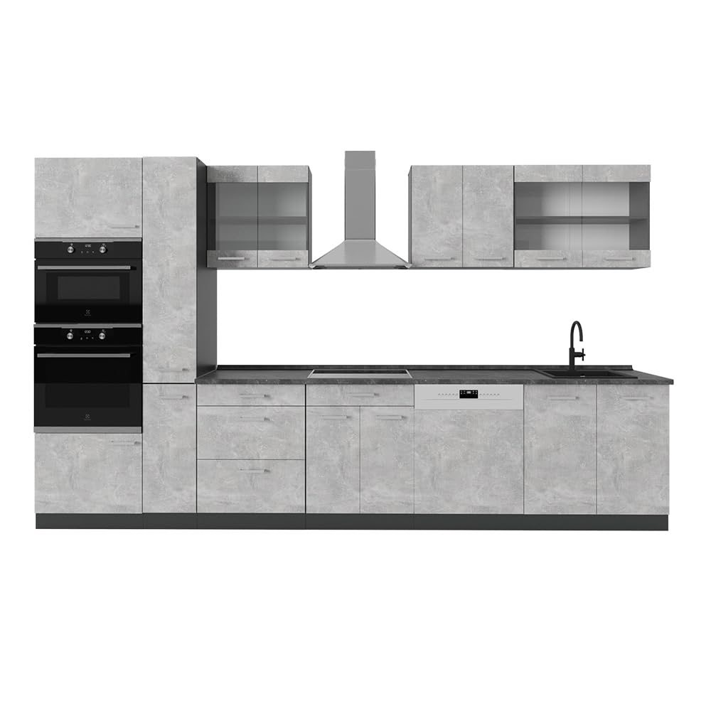 Vicco R-Line Fitted Kitchen Cabinets Anthracite Kitchen Furniture (Anthracite / White High Gloss, MUS 350 cm)