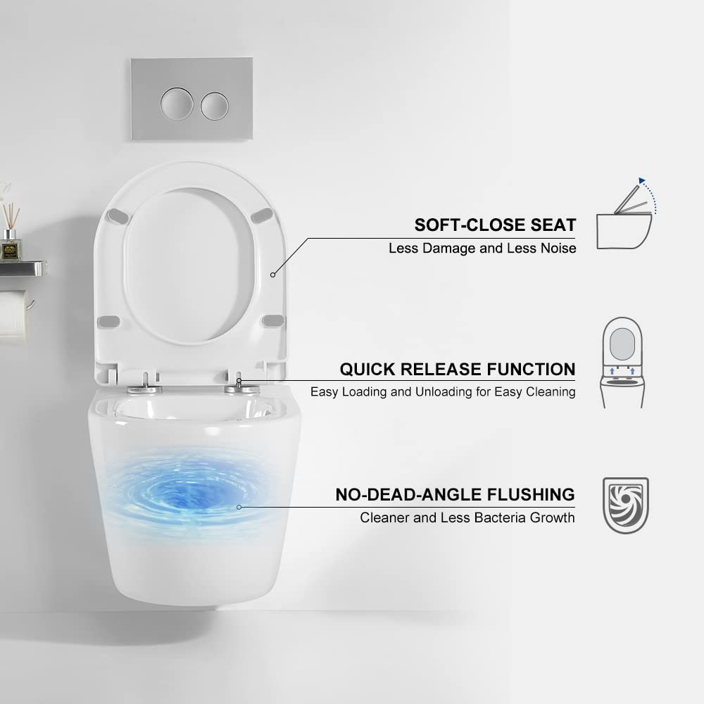 HOROW Ceramic Hanging Toilet with Nano Coating, Ceramic Wall Toilet White, Compact Toilet Bowl with Seat Soft-Close D Shape with Soft Close Lid for Guest Toilet