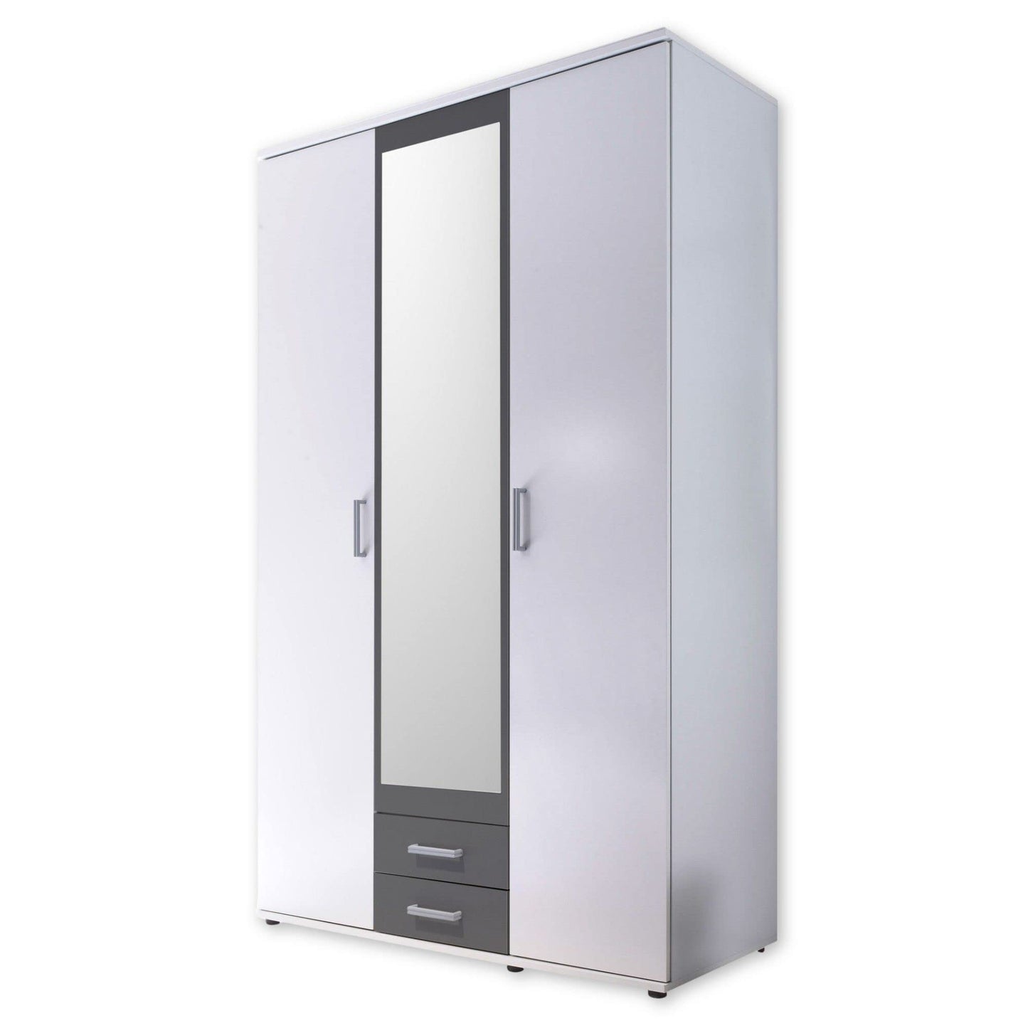 Stella Trading HANAU Wardrobe with Mirror Door in White, Graphite, Versatile Hinged Door Cupboard, 4 Doors for Your Bedroom, 160 x 196 x 54 cm (W x H x D)