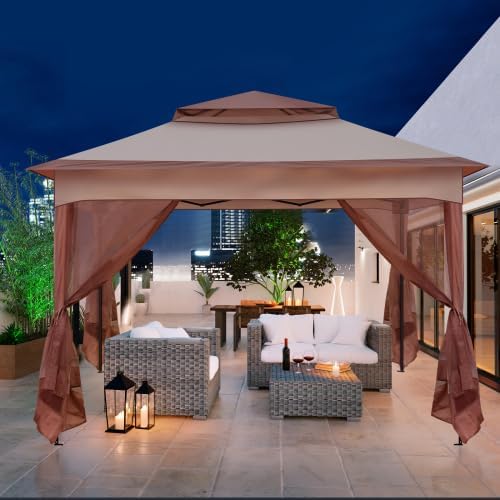 Bonnlo Folding Gazebo 3.3 x 3.3 m with 4 Mosquito Net Side Panels, Stable, UV-Resistant, Waterproof, Ventilated Double Roof, Height Adjustable Gazebo for Garden, Yard, Khaki