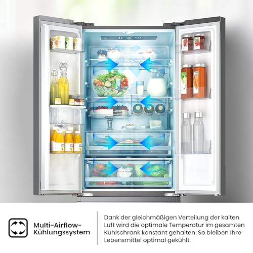 Hisense RF632N4WIE French Door Kühl-Gefrierkombination/ NoFrostPlus/ Inverter-Kompressor/ Wasserspender/ CrispZone/ 200 cm/ Kühlteil 336 l/ Gefrierteil 149 l/ 38 dB/ 295 kWh/ Jahr/ Inox-Look