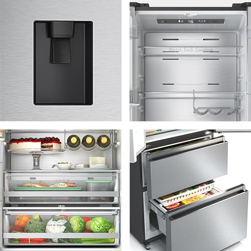 Hisense RF632N4WIE French Door Kühl-Gefrierkombination/ NoFrostPlus/ Inverter-Kompressor/ Wasserspender/ CrispZone/ 200 cm/ Kühlteil 336 l/ Gefrierteil 149 l/ 38 dB/ 295 kWh/ Jahr/ Inox-Look