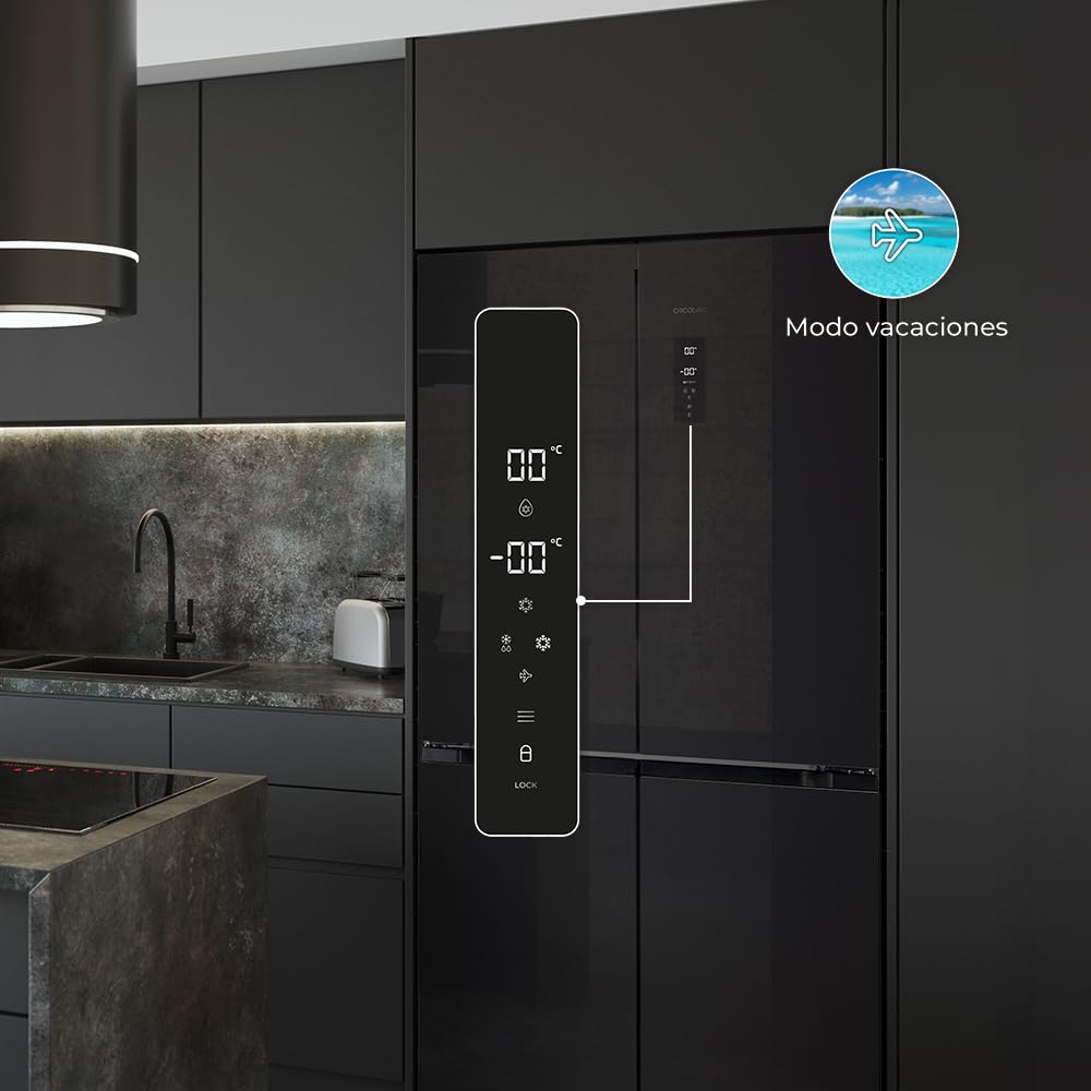 Cecotec Amerikanischer Kühlschrank, 4 Türen, 564 l, Bolero, CoolMarket, 4D 564 Dark E. 183 cm hoch, 91 cm breit, Wasserspender, geringer Stromverbrauch, Invertermotor, Plus, Total NoFrost