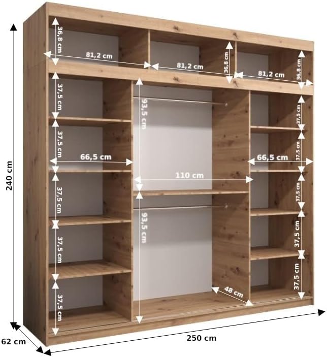 MEBLE KRYSPOL Kleiderschrank mit Spiegel Monaco - Garderobenschrank - Schrank Schlafzimmer - Mehrzweckschrank DREI Schiebetüren - Regalen - Flur Möbel - Kleiderstange Schrank - Allzweckschrank