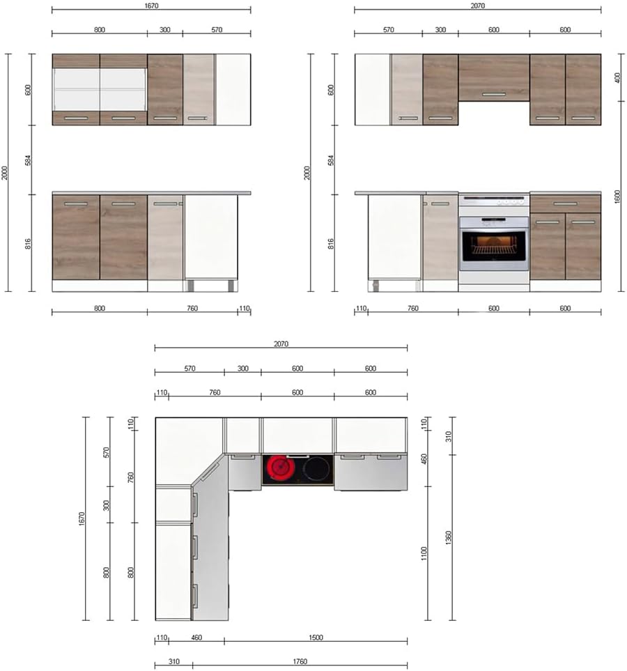 Vicco Kitchen Unit L 210 cm Kitchen Block Angle Corner Built-in Sonoma Oak - Freely Combinable Units - R-Line