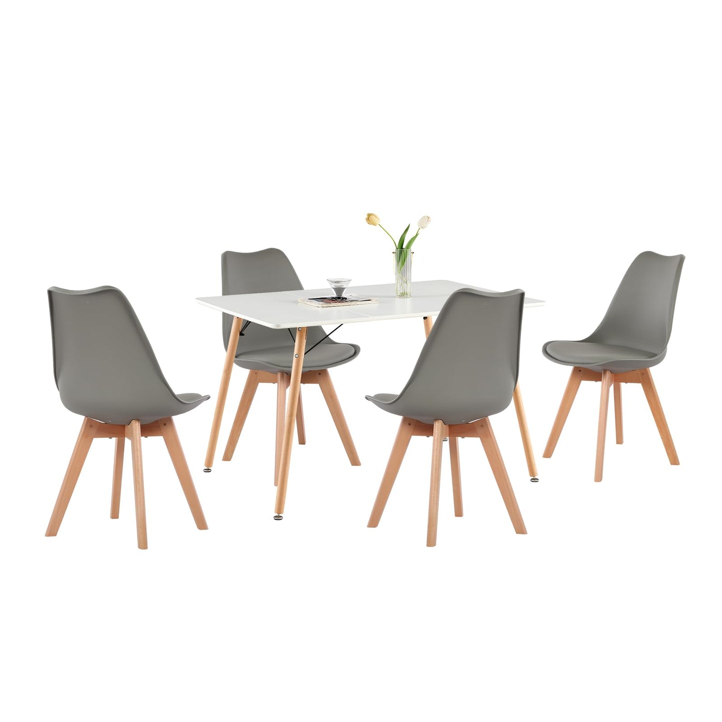 H.J WeDoo Esszimmergruppe mit 4 Essstühlen, Rechteckig Esstisch und Stühle für Esszimmer, Küche, Wohnzimmer, Weißer Esstisch und Graue Stühle