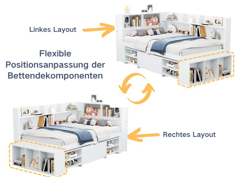 xixiworkshop Kinderbett 90x200cm Ausziehbett Bett mit Stauraum und USB-Steckdose/Mehreren Ablagefächern multifunktionales Jugendbett/Gästebett/Doppelbett mit Stauschrank Lattenrost,Ohne Matratze,Grau