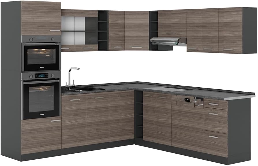 Vicco R-Line Fitted Kitchen Cabinets Anthracite Kitchen Furniture (Anthracite / White High Gloss, Corner 247 x 237 cm)