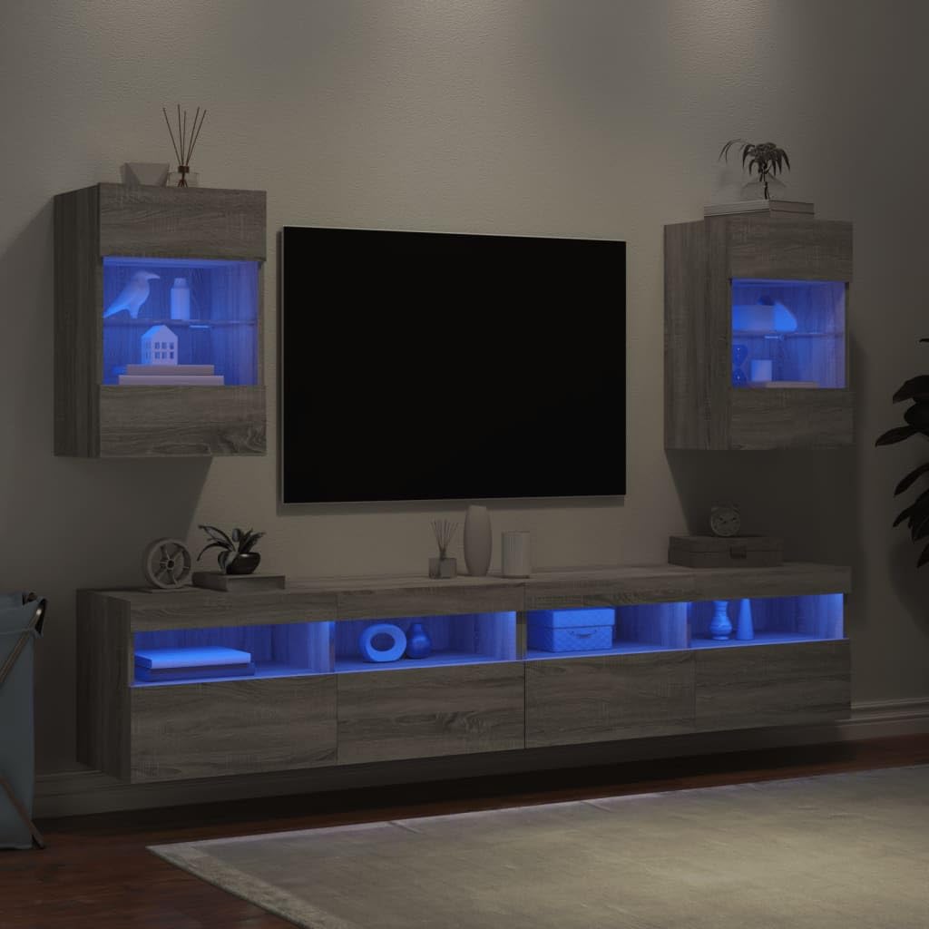 Homgoday TV Wall Cabinets with LED Lights, Pack of 2, Cabinet Wall TV Cabinet with Lots of Storage Space, Wall Mounted TV Furniture for Living Room, Bedroom, Grey, Sonoma
