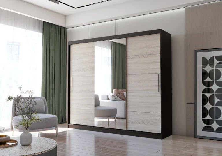 Fabryka Mebli Idźczak Kleiderschrank mit Spiegel, Schiebetüren - Weißer Schwebetürenschrank, Schlafzimmerschrank - 61 x 250 x 218 cm - Schrank für Schlafzimmer, Wohnzimmer, Garderobe