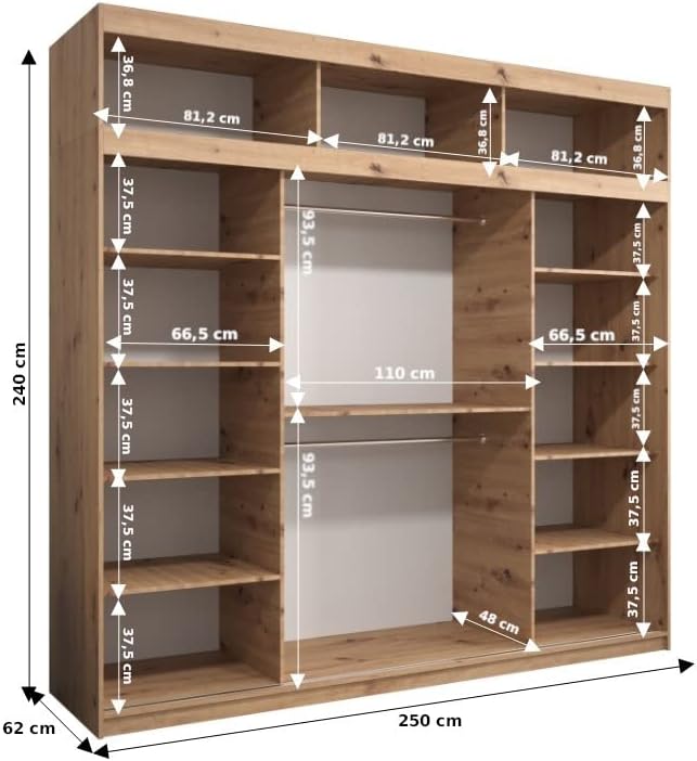 Kryspol Schwebetürenschrank York 250 cm Kleiderschrank mit Kleiderstange und Einlegeboden Schlafzimmer- Wohnzimmerschrank Schiebetüren Modern Design (Weiß)