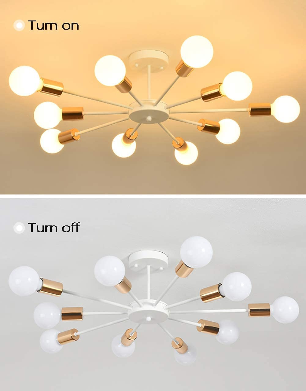 JIINOO 10 Lights Modern Chandelier Ceiling Light Gold Industrial Ceiling Lamp Medieval Semi Flush Mount Chandelier Ceiling Light for Kitchen Dining Room Living Room Bedroom Lighting