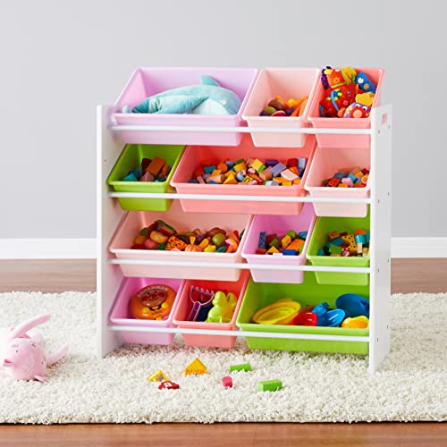 Amazon Basics Kids Toy Storage Toy Organiser with 12 Plastic Containers, White Wood with Pink Containers, 27.7 x 85.3 x 79 cm