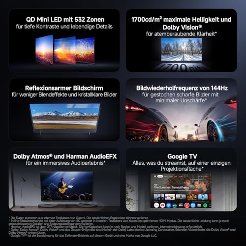 XIAOMI TV S Pro Mini LED 55, Smart TV, 4K QLED 144Hz Google TV, Dolby Vision, Dolby Atmos, HDR 10+, DTS-X, Harman AudioEFX, Triple Tuner, DVB-T2, Prime Video, Google Assistant, Airplay 2