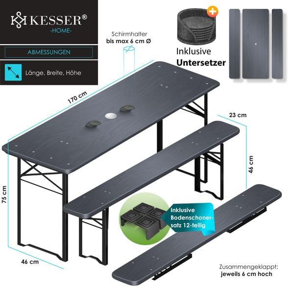KESSER® Bierzeltgarnitur 3 teilig Gartenmöbel-Set | Klappbar 220 x 50 x 77cm | 2X Bierbänke 1x Biertisch | Festzeltgarnitur Biertisch Stehtisch Sitzgarnitur Holz 16-teiliges Bodenschoner-Set