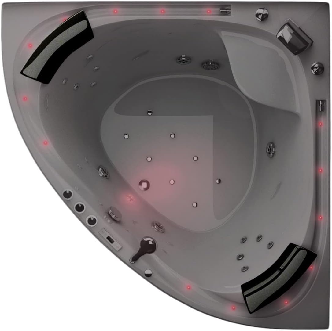 Jet-Line® Whirlpool | Villa Sabrina Weiss 1.6 x 1.6 m XXL | Neu mit umlaufendem Wasserfall | Vollaustattung Eckbadewanne | Pool Eck Badewanne | Whirlwanne | Ozon Heizung LED